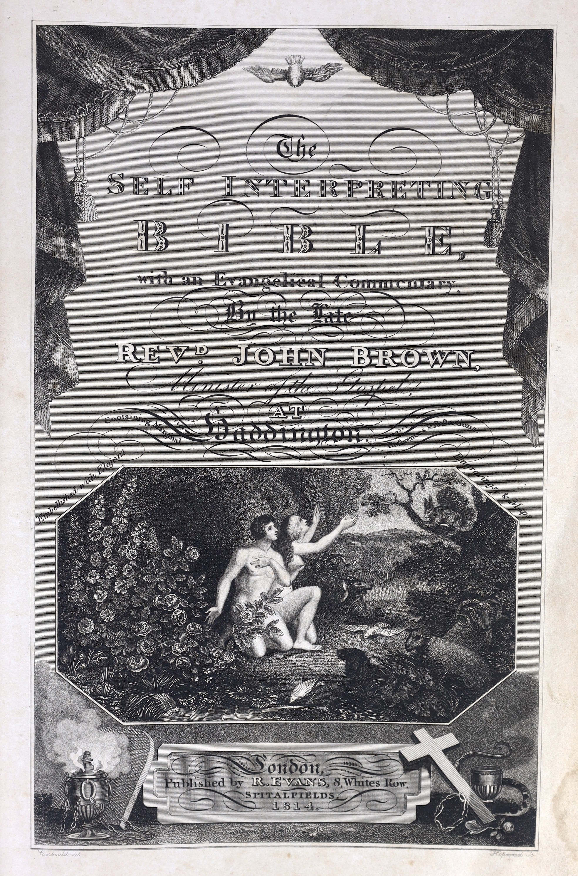 The Self-Interpreting Bible, with an evangelical commentary, by the late Revd. John Brown.....2 vols. (in one). portrait frontispieces, engraved pictorial title (general title) and printed title (NT), num. plates; earlie